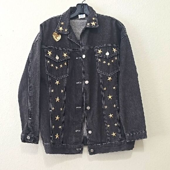 Sears Black and Gray Custom Decorated Denim Jacket S